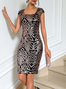 Allurite Square Neck Sequin Bodycon Dress For Holiday Party Clothes