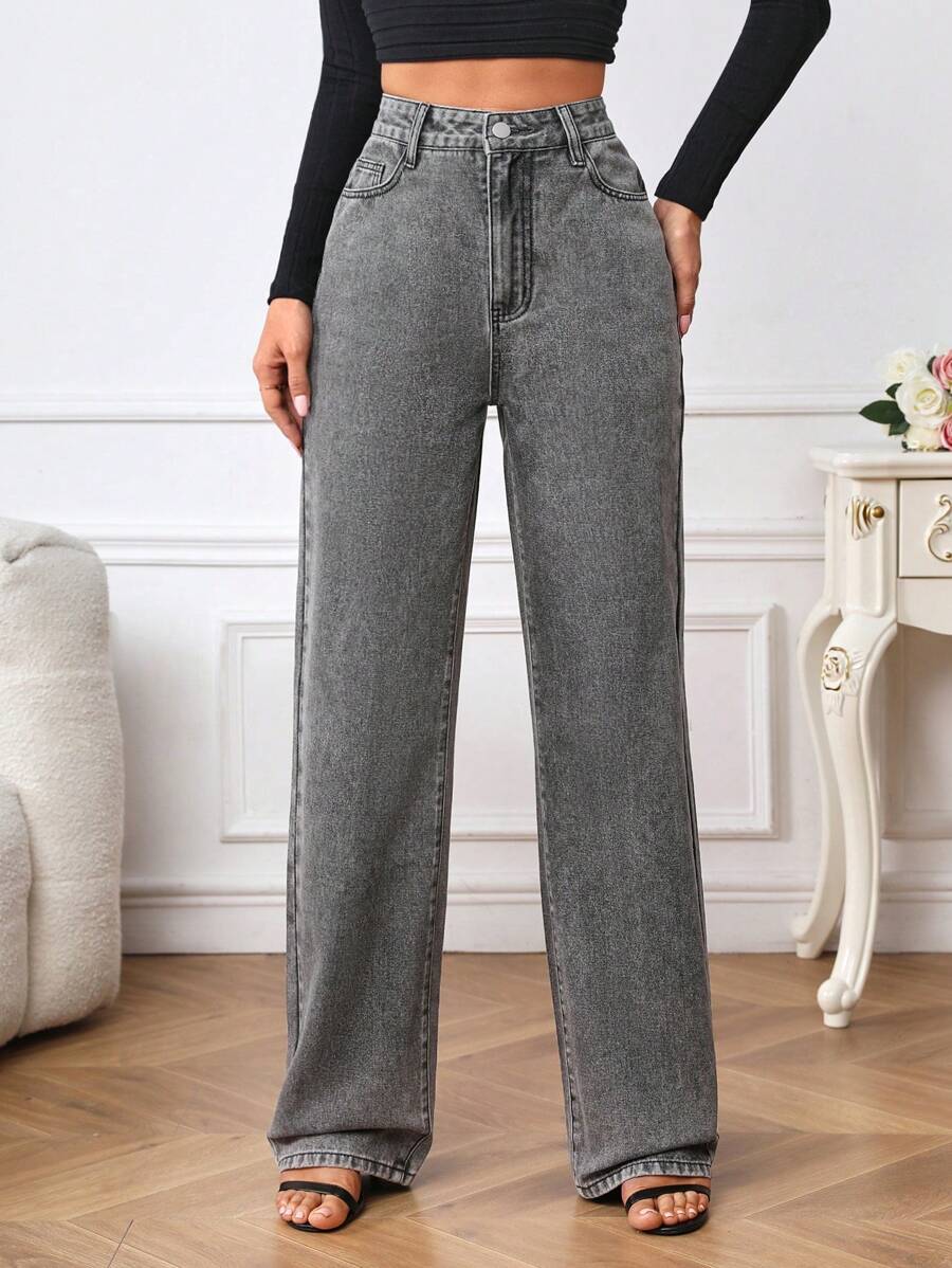SHEIN Tall High Waist Straight Leg Jeans - Grey - View 1
