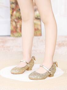 Winter Party Dress Matched With Gold Bow Decorated Children's High Heels - Gold - View 6