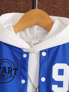 SHEIN Young Boy Letter Graphic Colorblock Drop Shoulder Hooded Jacket & Sweatpants Without Tee - Blue - View 4