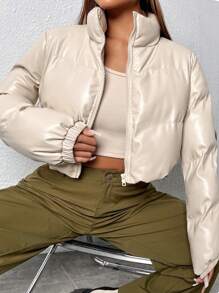 SHEIN EZwear Áo khoác có đệm kéo khóa cho mùa đông - Màu be - Xem 1