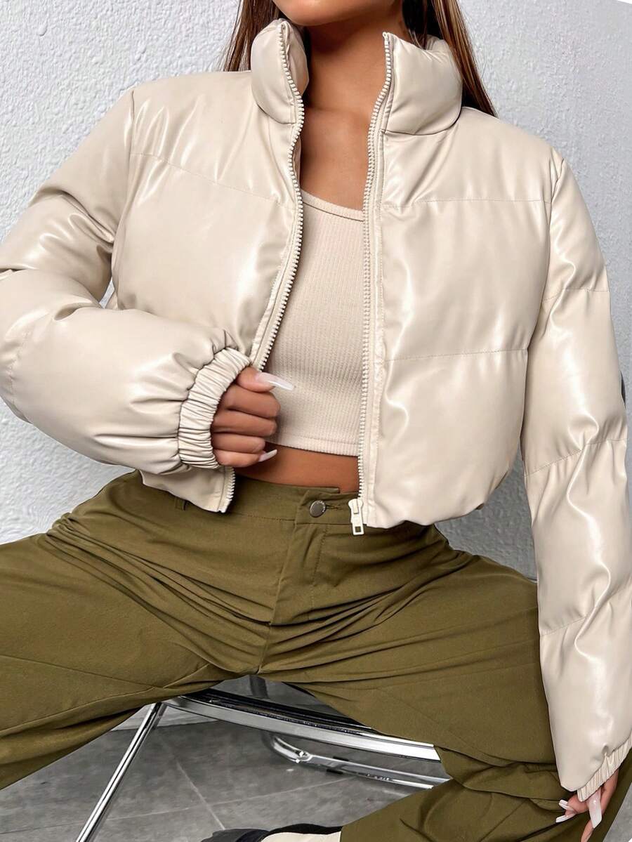 SHEIN EZwear Áo khoác có đệm kéo khóa cho mùa đông - Màu be - Xem 1