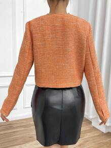 SHEIN Privé 雙排釦短款花呢外套 - 橘色 - 查看 2