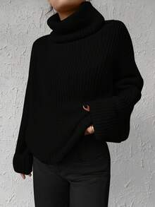 EURMUSE Solid Color Turtleneck Batwing Sleeve Sweater Fall - Black - View 5