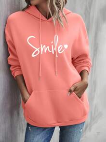 SHEIN LUNE Heart & Letter Graphic Kangaroo Pocket Drop Shoulder Drawstring Hoodie - Coral Pink - View 3