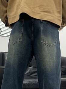 Claim Dot Loose Wide Leg Jeans With Slant Pockets For Men Plain Dark Blue Long Distressed Boot Cut Jeans Oversize Cargo Jeans, For Husband, Boyfriend Gifts - Medium Wash - View 4