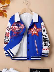 SHEIN Tween Boy Letter Graphic Contrast Collar Thermal Lined Jacket - Black - View 8