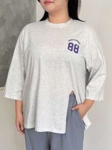 Dazy Plus Letter Print T-Shirt - Light Grey - View 13