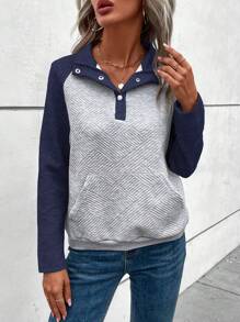 SHEIN LUNE 撞色插肩袖Polo領袋鼠口袋運動衫 - 藏蓝色 - 查看 3