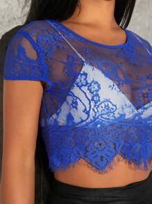 SHEIN SXY 素色短款蕾絲上衣不附胸罩 - 寶藍色 - 查看 6