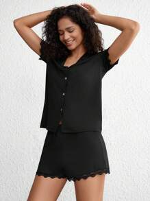 Ladies' Lace Patchwork Pajama Set - Black - View 4