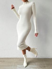 SHEIN Clasi Cổ giả Đồ đan Ribbed Váy len bó sát - Màu be - Xem 4