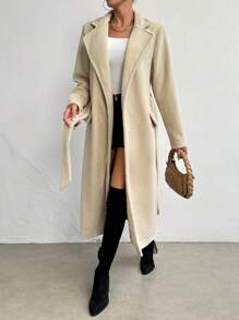 SHEIN Unity 西裝領腰帶長款外套 - 杏色 - 查看 1