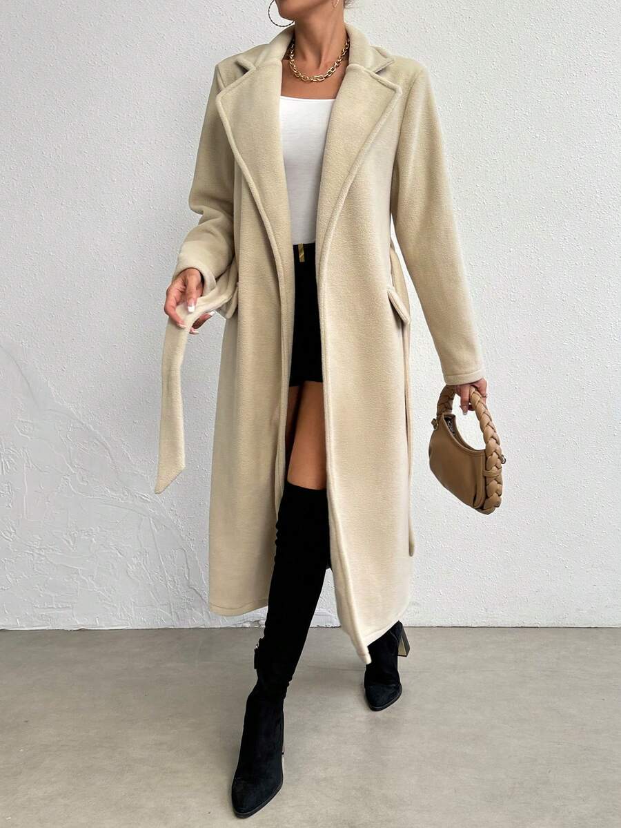 SHEIN Unity 西裝領腰帶長款外套 - 杏色 - 查看 1