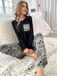 Geometric Long Sleeve Top & Pants Pajama Set, Fall Winter Clothes - Multicolor - View 3