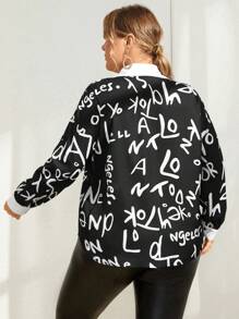 SHEIN Essnce Plus Letter Graphic Contrast Trim Shirt - Black and White - View 2