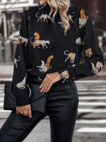 SHEIN Clasi Leopard Print Mock Neck Blouse