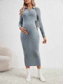 孕婦條紋針織Polo領緊身洋裝 - 藍色 - 查看 3