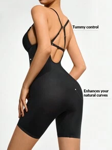 SHAPORA Solid Open Back Shapewear Romper - Black - View 3