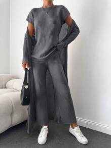 EURMUSE 單色中空蝙蝠袖上衣+開襟外套+寬褲 - 深灰色 - 查看 1