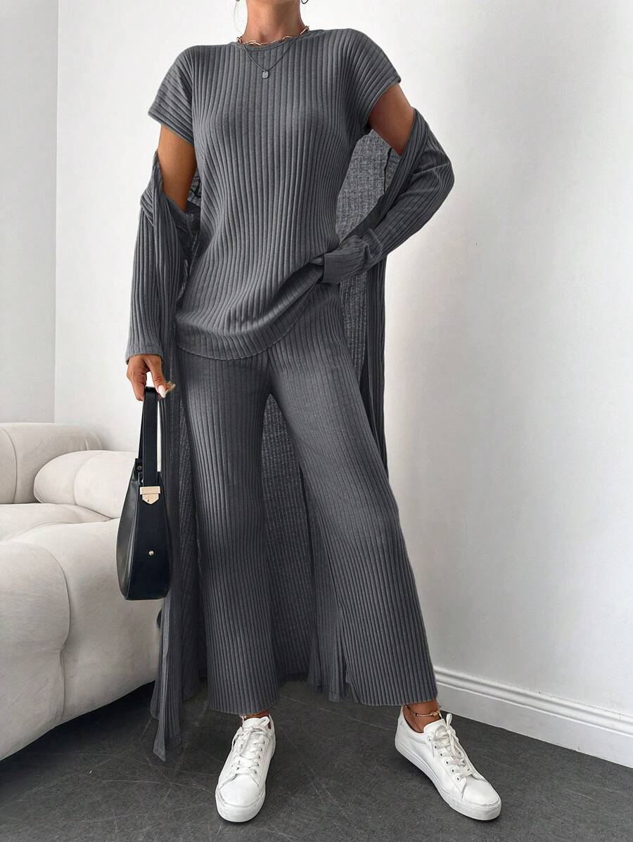 EURMUSE 單色中空蝙蝠袖上衣+開襟外套+寬褲 - 深灰色 - 查看 1