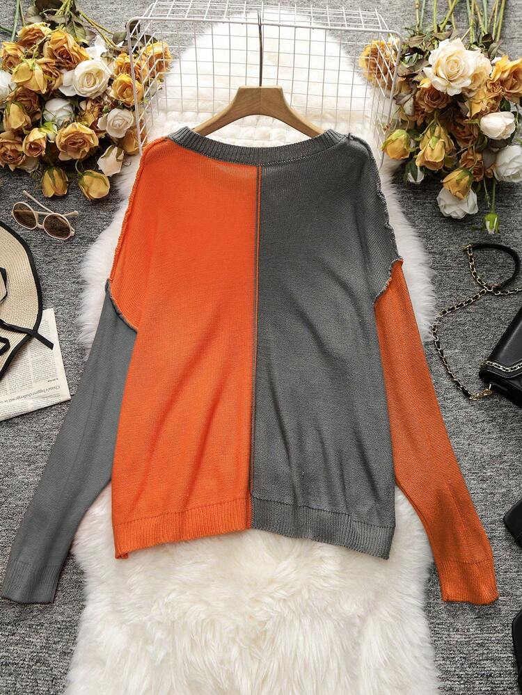 Plus Two Tone Drop Shoulder Sweater Knit Pullover Fall Winter Sweater
