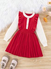 SHEIN Young Girl Two Tone Ruffle Trim Button Front Pleated Hem 2 In 1 Sweater Dress - Red - View 1
