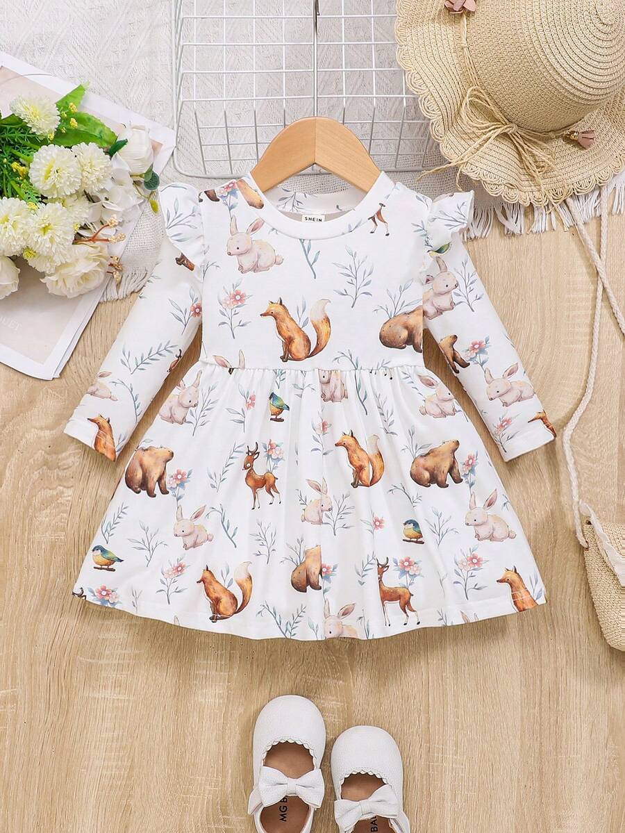 SHEIN Baby Girls' Knitted Cute Rabbit & Squirrel Pattern A-line Dress With Short Flare Sleeves - White - View 1