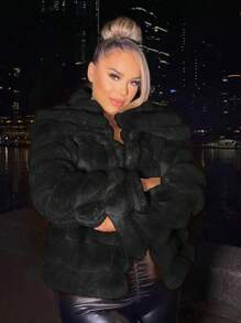 SHEIN SXY Plus Size Women's Sexy & Elegant Party Black Faux Fur Collar Drawstring Jacket, Autumn/Winter