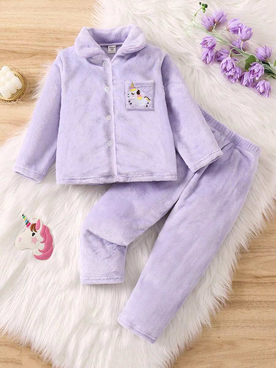 SHEIN 少女獨角獸刺繡法蘭絨睡衣套裝 - 淡紫色 - 查看 1