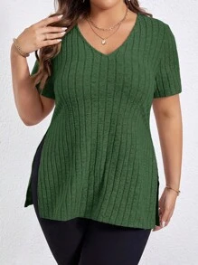 SHEIN Essnce 大碼下擺開叉條紋針織T恤 - 墨綠色 - 查看 6