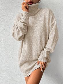 EURMUSE Turtleneck Drop Shoulder Sweater Dress - Apricot - View 5