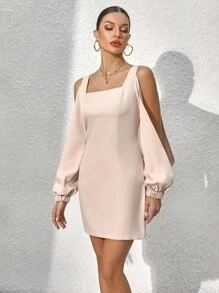 Chiquease Cold Shoulder Lantern Sleeve Dress - Apricot - View 1