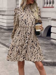 SHEIN Clasi In Toàn bộ Xù Hoa Sen Váy Smock - Màu Khaki - Xem 1