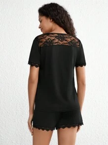 Ladies' Lace Patchwork Pajama Set - Black - View 2