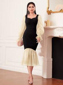 Modelyn Colorblock Flare Sleeve Mermaid Hem Dress Without Belt