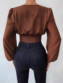SHEIN Privé Tay áo lồng đèn Xù Áo sơ mi Crop - Rỉ Nâu - Xem 3