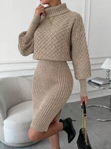 SHEIN Clasi Áo cao cổ tay cánh Viền chia cắt Đầm Áo len - Màu Khaki - Xem 1