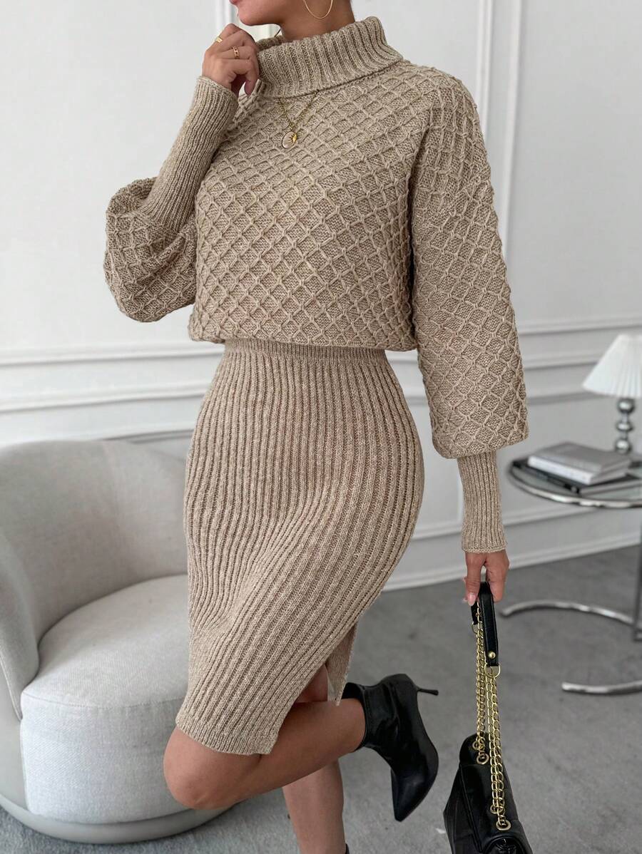 SHEIN Clasi Áo cao cổ tay cánh Viền chia cắt Đầm Áo len - Màu Khaki - Xem 1