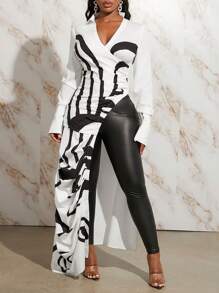 Slaydiva 图案印花不对称下摆长款衬衫 - 白色 - 查看 5