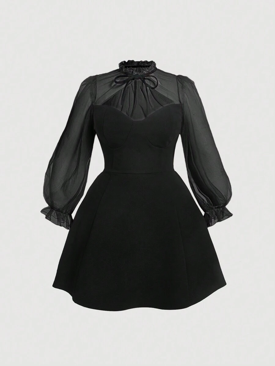 SHEIN MOD 大碼繫帶領荷葉袖洋裝 - 黑色 - 查看 1