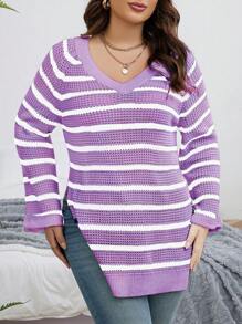 Calvaya Plus Size Striped Sweater With Split Hem Knit Pullover Fall Winter Sweater - Multicolor - View 5