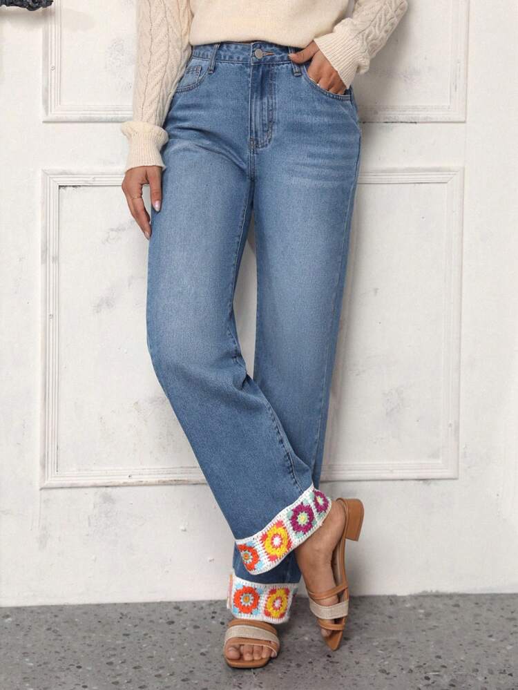 Floral Embroidery Straight Leg Jeans