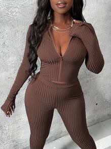 Slaydiva 2 件套女式拉链长袖紧身喇叭袖上衣和超长喇叭腿罗纹裤，棕色 - 棕色 - 查看 7