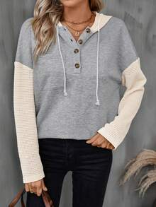 SHEIN LUNE Khối màu Nút Nửa Dây rút Hoodie - Màu Xám nhạt - Xem 3