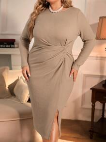 SHEIN Clasi Plus Twist Front Split Thigh Dress Long Sleeve Midi Dresselegant Dress Long Sleeveplus Size Bodycon Dressshein Curve Dress - Khaki - View 5