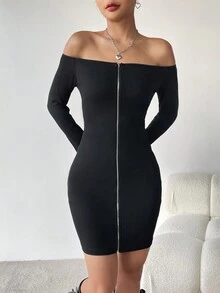 SHEIN EZwear 女性雙肩露鎖骨設計,拉鍊修身連身裙 - 黑色 - 查看 5