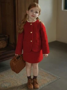 Cô Gái Trẻ Vá Túi Tweed Áo khoác & Váy - Màu Đỏ Sâu - Xem 7