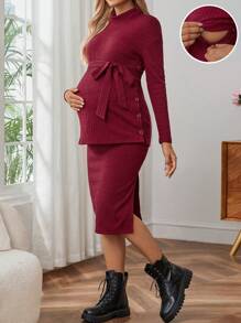 SHEIN Maternity Belted Top And Split Hem Nursing Skirt Set, For Winter - Burgundy - View 1