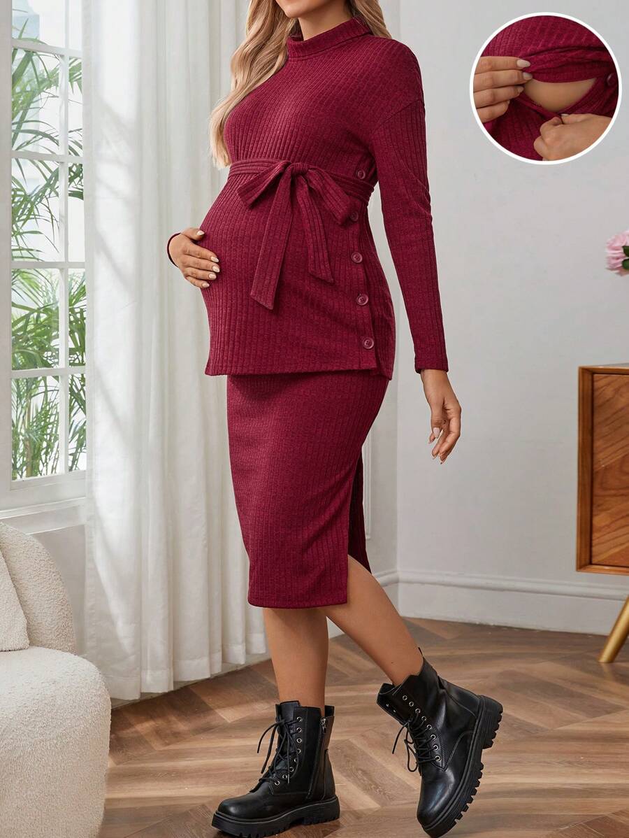 SHEIN Maternity Belted Top And Split Hem Nursing Skirt Set, For Winter - Burgundy - View 1